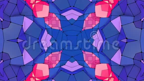 蓝色红慢多几何抽象背景作为移动彩色玻璃或万花筒效果在4k循环三维动画视频的预览图