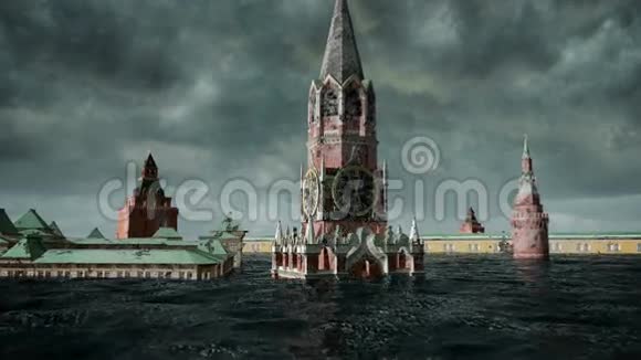 天启水景城市洪水俄罗斯红色广场暴风雨3D渲染视频的预览图
