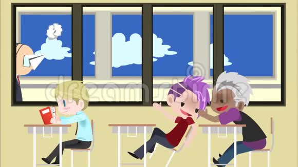 学校教室里到处都是淘气固执的朋克学生坐在课桌里玩耍的动画动画片视频的预览图