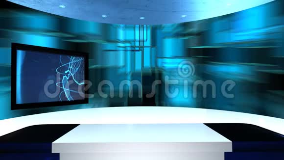 虚拟演播室有一张桌子和两个电视屏幕虚拟电视工作室被设计成一个虚拟的背景视频的预览图