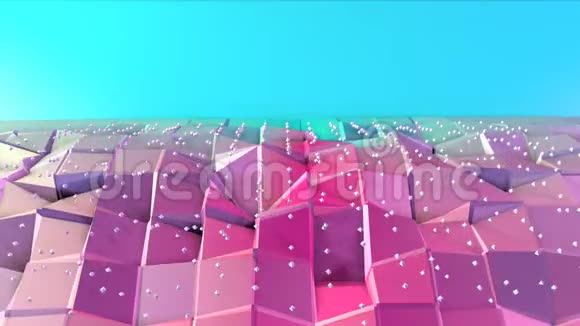 抽象简单的蓝色粉红色低聚三维表面和飞行白色晶体作为幻想背景软几何低聚视频的预览图