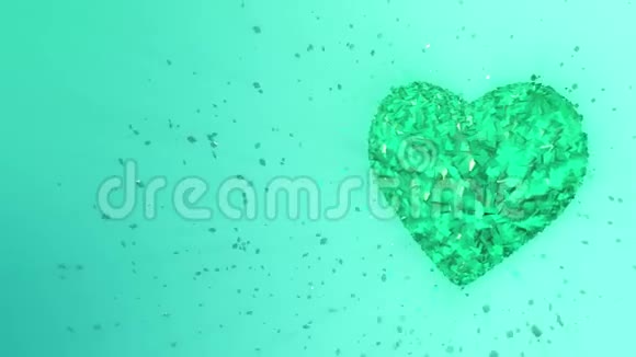 三维动画抽象循环动画背景旋转发光翡翠心形成的碎片和立方体绿色旋转视频的预览图