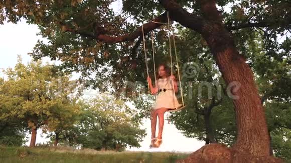 日落时孩子们骑着绳子在公园的橡树树枝上摇摆女孩笑高兴年轻女孩在秋千上荡秋千视频的预览图