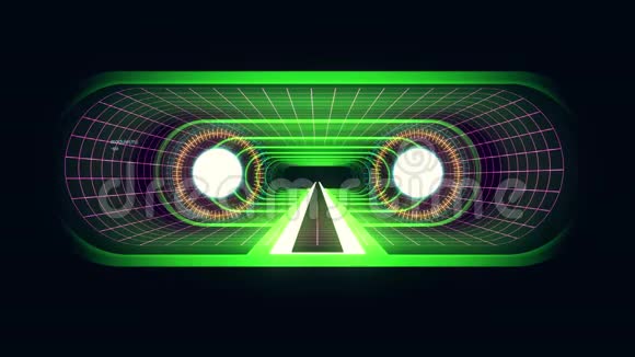 通过VR绿色霓虹灯网格蓝灯网络隧道HUD界面运动图形动画视频的预览图