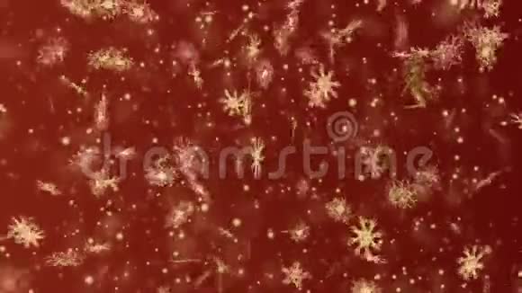 圣诞节和新年无缝循环动画圣诞金色雪花在暗红色背景上冬季仙境视频的预览图