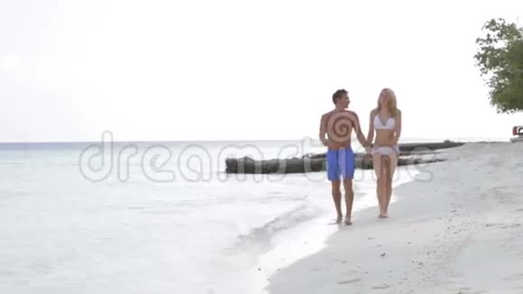 在美丽的海滩上散步的情侣视频的预览图
