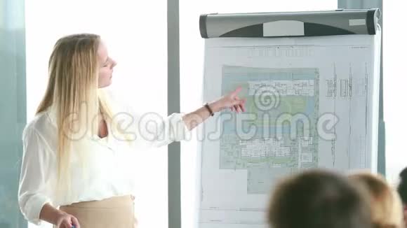 一位漂亮的金发女商人在演讲中指着挂图视频的预览图