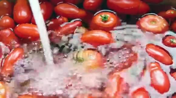 在厨房的水槽里用自来水清洗新鲜的西红柿视频的预览图