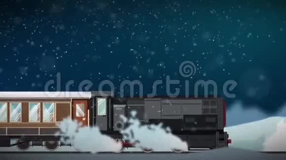 4k循环中圣诞交通理念中贯穿白雪皑皑冬景氛围的卡通列车无缝动画视频的预览图