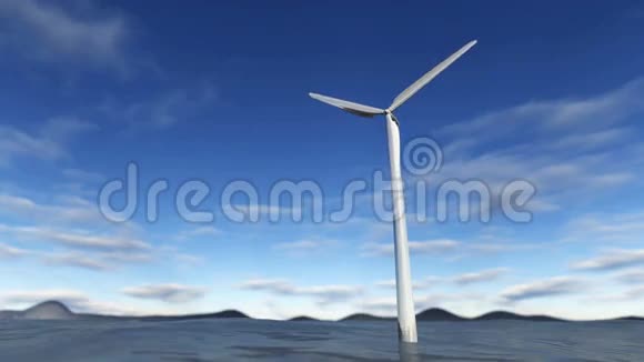 蓝天海洋中的动画风力涡轮机视频的预览图