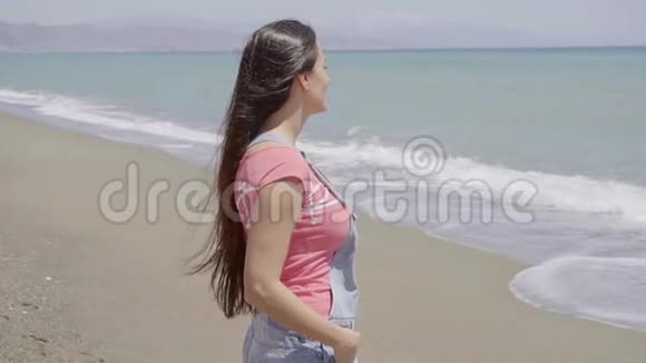 看海滩的女性侧景视频的预览图