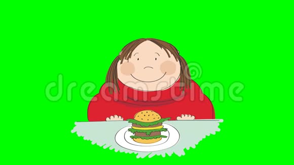 一个胖女人拿着汉堡包坐在快餐里试图决定吃不吃动画手绘ca视频的预览图