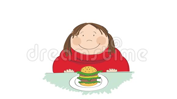 一个胖女人拿着汉堡包坐在快餐里试图决定吃不吃动画手绘ca视频的预览图