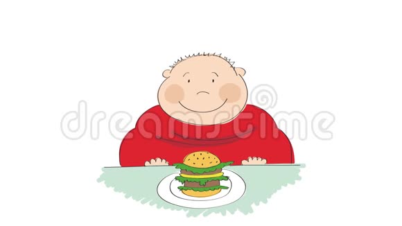 一个胖子拿着汉堡坐在快餐里试图决定吃不吃动画手绘手推车视频的预览图