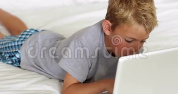小男孩在床上用笔记本电脑视频的预览图