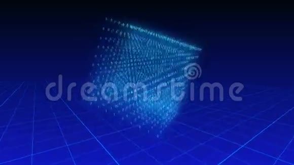 在网格平面上的蓝色背景上旋转的二进制数字的三维立方体视频的预览图