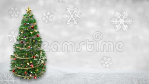 旋转圣诞树冬季背景与降雪动画3D渲染无缝环视频的预览图