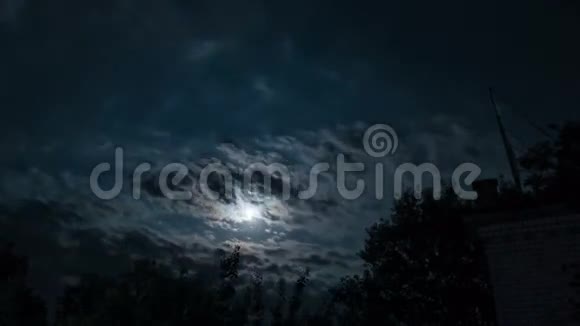 夜月升起在地平线上的树木和云时间流逝视频的预览图