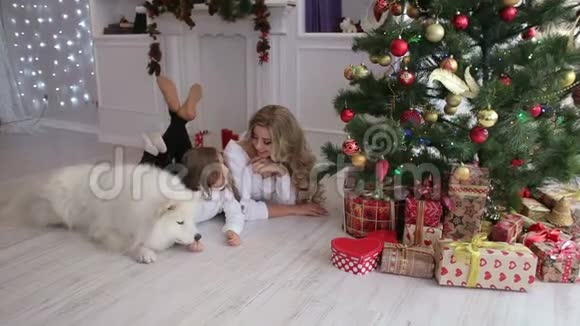 圣诞树附近有一只狗的家庭肖像视频的预览图