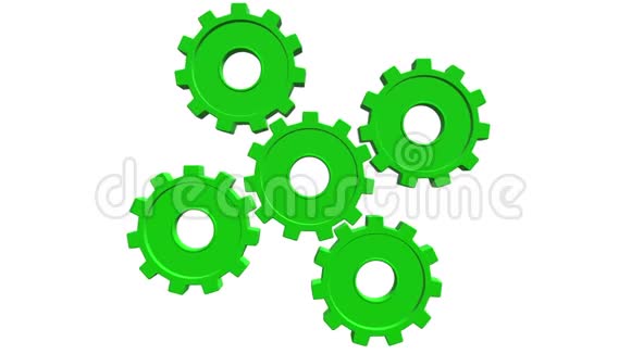 五个绿色齿轮旋转白色背景阿尔法通道视频的预览图