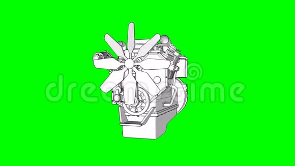 柴油V8发动机一辆大车模型绕中轴线旋转绿色背景上的循环动画视频的预览图