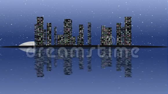 满月之夜岛上有照明建筑的城市景观蓝色黑暗中闪耀的摩天大楼视频的预览图