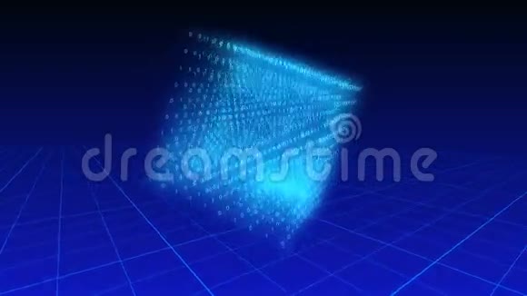 在网格平面上的蓝色背景上旋转的二进制数字的三维立方体视频的预览图