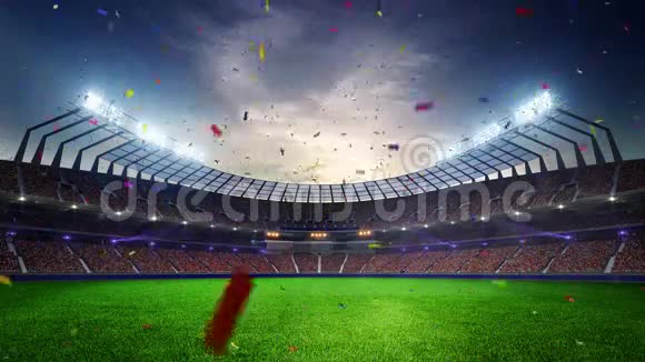 体育场移动灯动画闪光灯与人球迷3渲染插图多云的日落天空视频的预览图