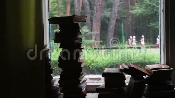 书堆躺在窗槛上的背景绿林外视频的预览图