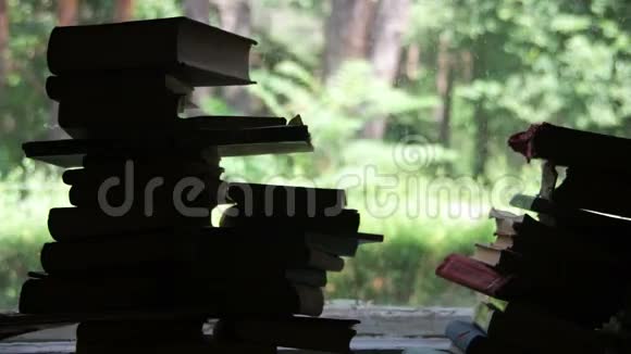 书堆躺在窗槛上的背景绿林外视频的预览图