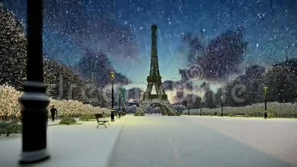 美丽的巴黎埃菲尔铁塔日落下雪淘洗视频的预览图