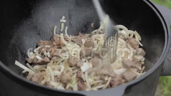 用羊肉和洋葱在木炉上的大锅里煮牛肉视频的预览图