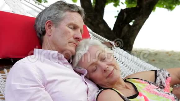 老年夫妇在海滩吊床放松视频的预览图