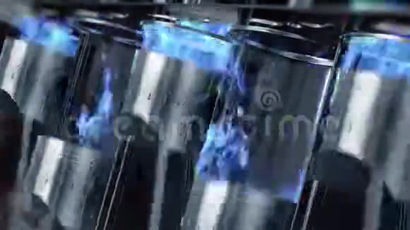 缓慢运动的发动机的特写镜头蓝色的燃料爆炸视频的预览图