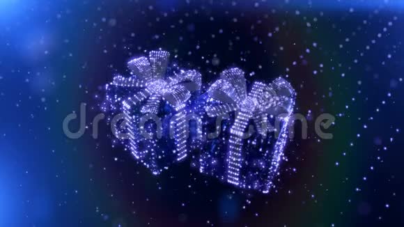 魔术蓝色霓虹灯圣诞礼物与波克粒子背景无缝环3D渲染视频的预览图