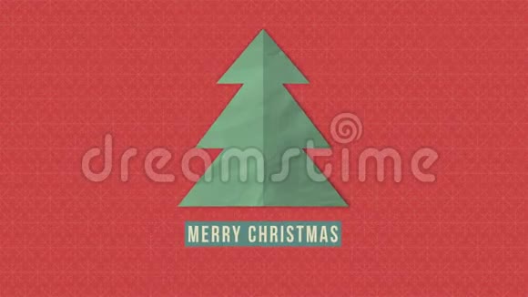 动画特写圣诞快乐文字红色背景的绿色圣诞树视频的预览图