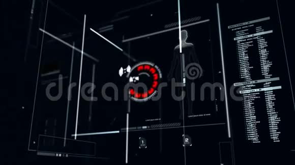 4K3D动画的用户界面HUD移动在黑暗背景下的网络未来概念与粮食处理视频的预览图
