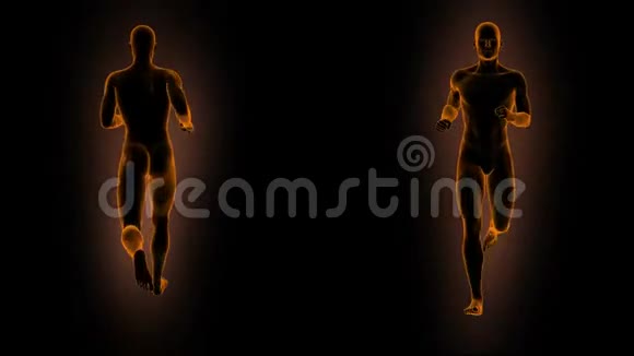 一个在黑暗背景下奔跑的人在两个投影无缝循环动画的剪影视频的预览图
