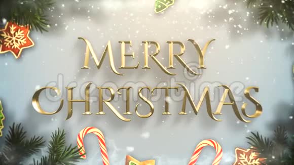 动画特写圣诞快乐文字绿色树枝和玩具在雪地背景视频的预览图