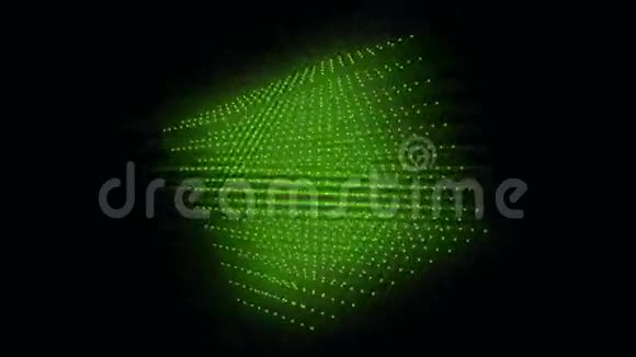 三维立方体绿色发光粒子旋转在对角线上的黑色背景无缝环动画视频的预览图