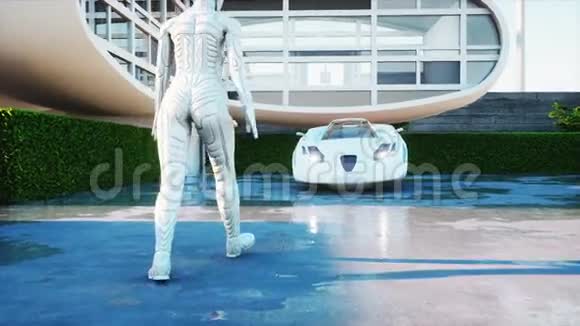 未来之家未来派飞行车与步行妇女超级逼真的4K动画视频的预览图