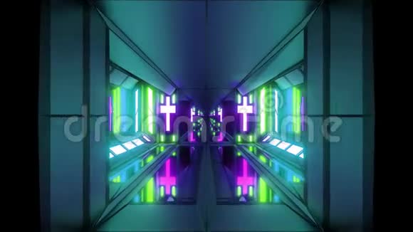 干净的未来主义科幻空间机库走廊与神圣基督教发光十字架和玻璃底部3d视频的预览图