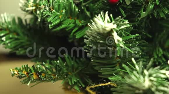 绿绿的圣诞树上沾着淡淡的雪浅色背景上的塑料树视频的预览图