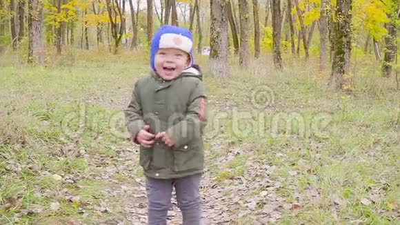 可爱的小男孩穿着绿色夹克在秋天公园的落叶中奔跑快关门视频的预览图