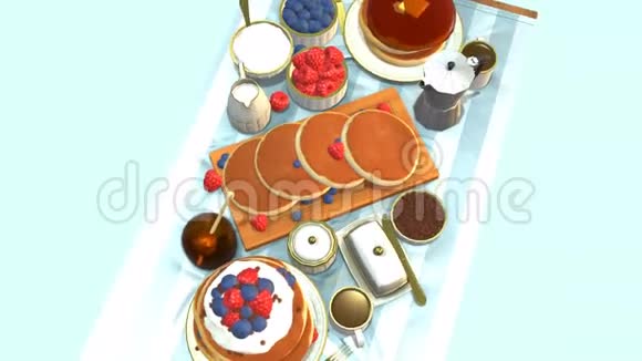 提供煎饼和浆果早餐的餐桌视频的预览图