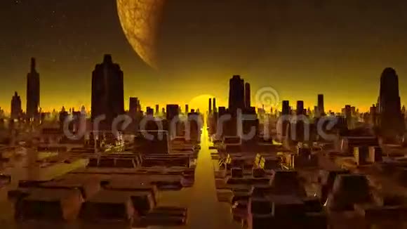 城市外星人日落和巨大的月亮视频的预览图