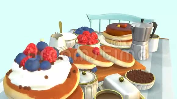 提供煎饼和浆果早餐的餐桌视频的预览图