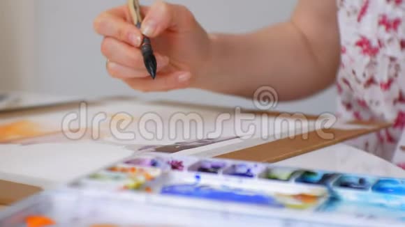 年轻女画家在家画室创作工具特写视频的预览图
