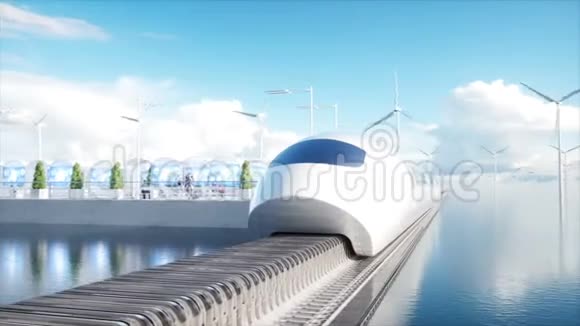 快速未来式单轨列车科幻站未来的概念人和机器人水和风能视频的预览图