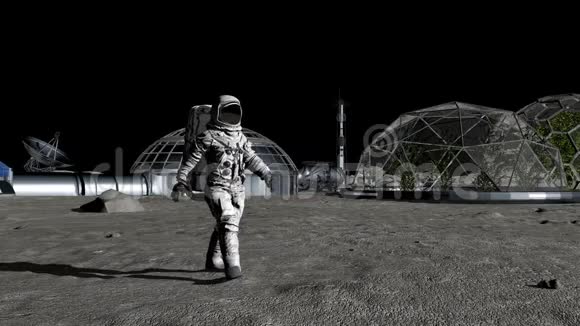 科幻场景未来在月球上的殖民地宇航员在月球上行走视频的预览图